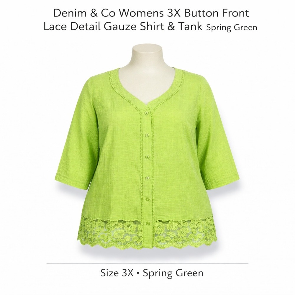 Denim &‎ Co Womens 3X Button Front Lace Detail Gauze Shirt & Tank Spring Green